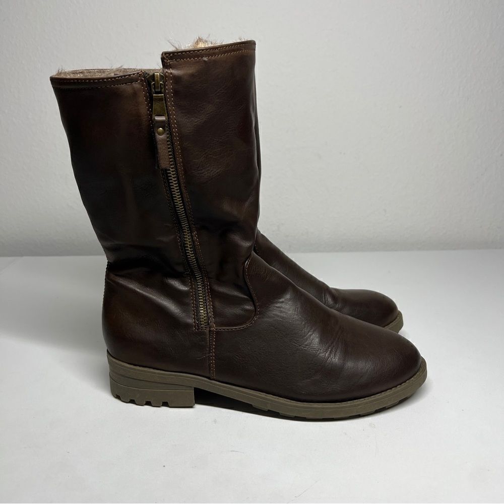 SM Cozy Women Size 11M Brown Faux Leather Winter Lined Faux Fur Boots 2 Zip